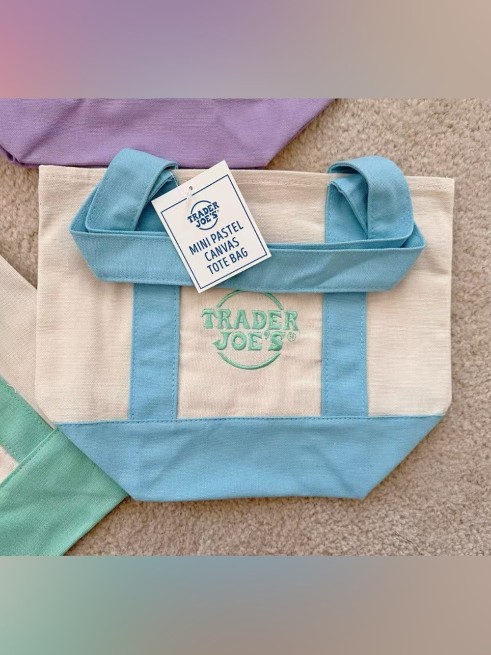 Trader Joe’s mini pastel blue tote bag